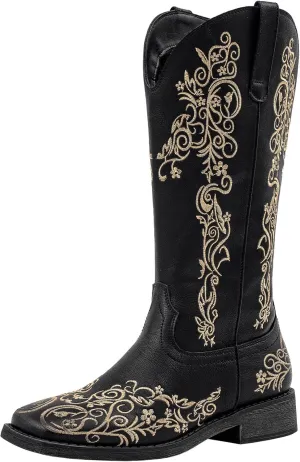SheSole Women's Square Toe Cowboy Boots Floral Embroidered Cowgirl Western Boots Wide Calf