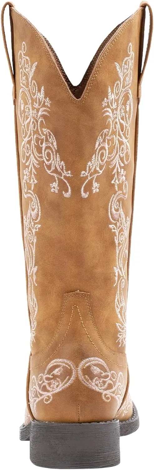 SheSole Women's Square Toe Cowboy Boots Floral Embroidered Cowgirl Western Boots Wide Calf