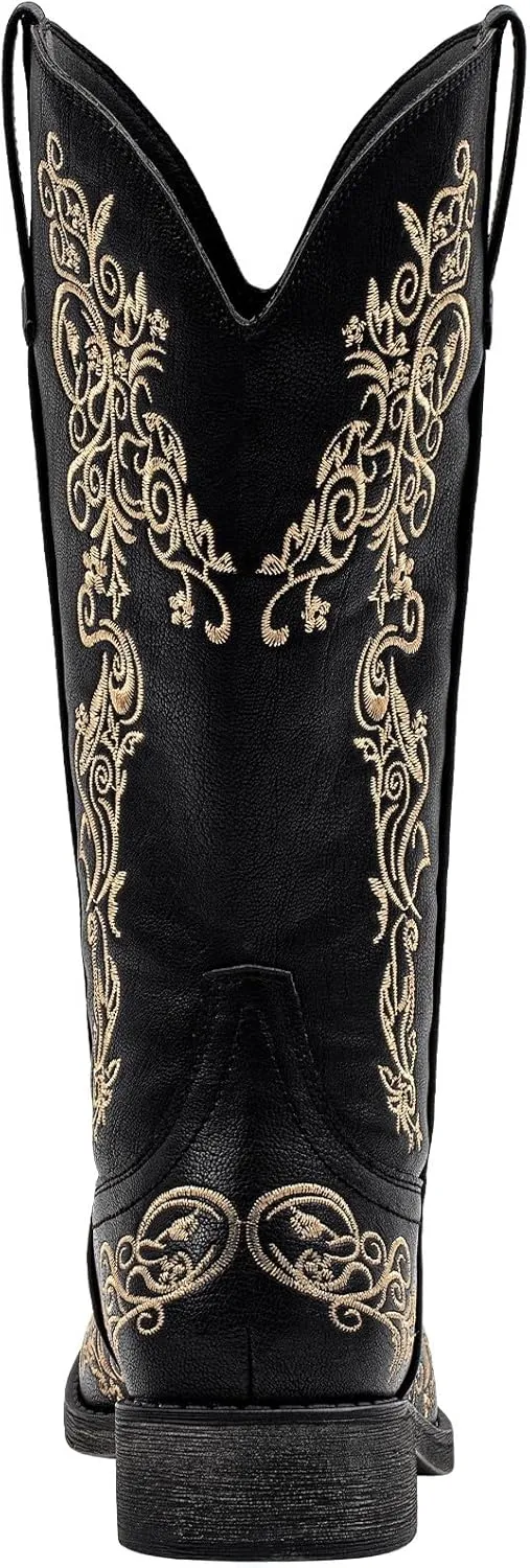 SheSole Women's Square Toe Cowboy Boots Floral Embroidered Cowgirl Western Boots Wide Calf