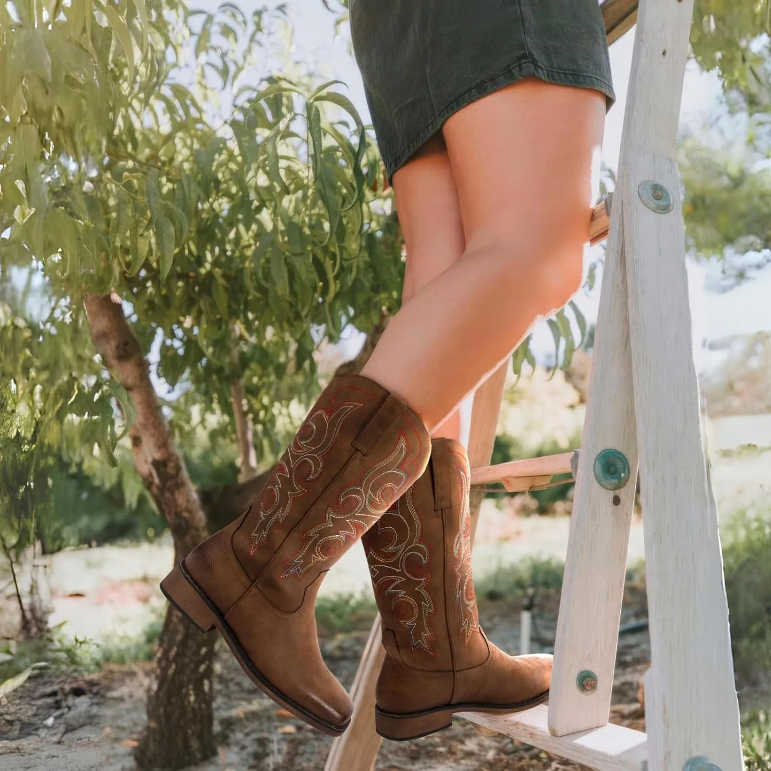 SheSole Women's Wide Width Cowboy Boots Square Toe Mid Calf Western Cowgirl Boots