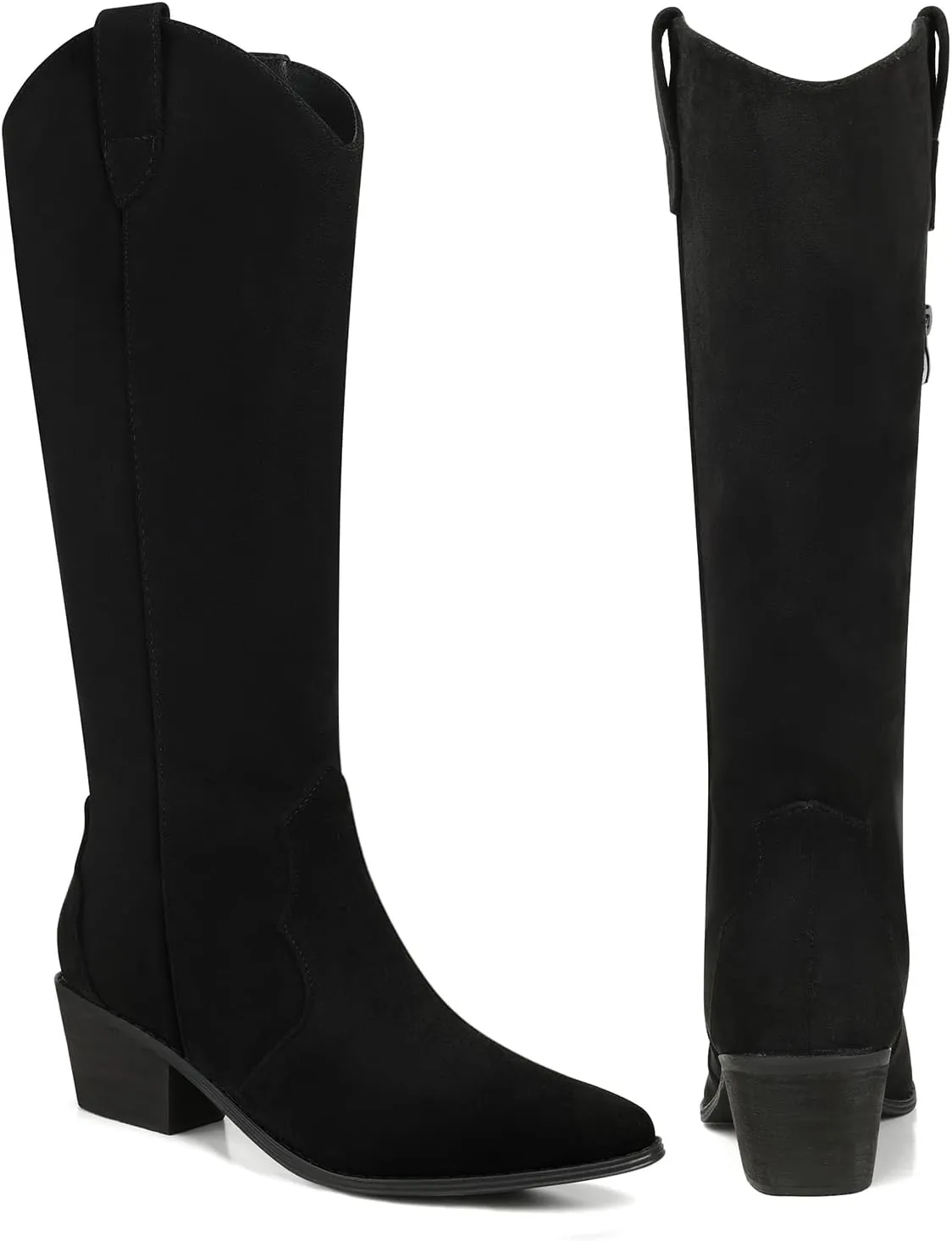 SHIBEVER Cowboy Boots for Women Knee High Suede Pointed Toe Cowgirl Boots Embroidered Pull-On Chunky Heel Western Boots