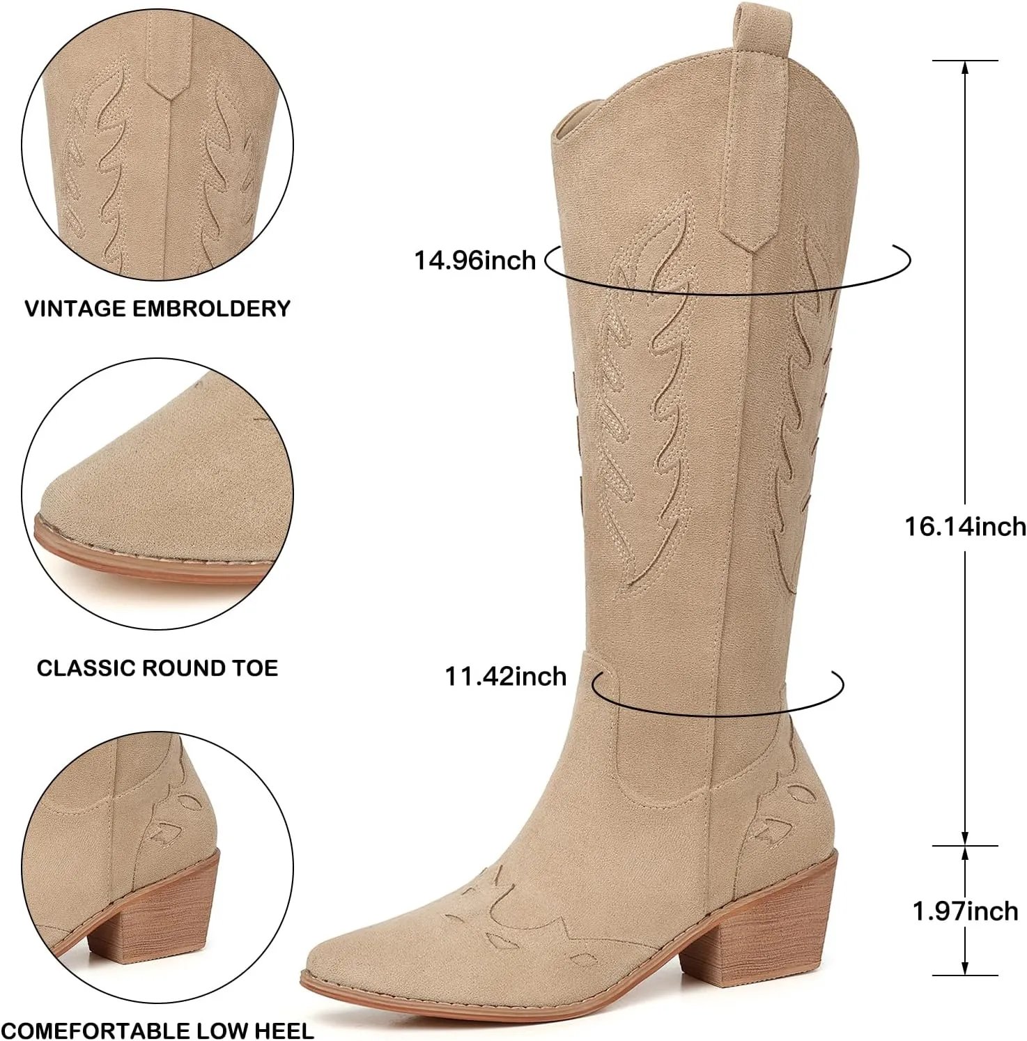 SHIBEVER Cowboy Boots for Women Knee High Suede Pointed Toe Cowgirl Boots Embroidered Pull-On Chunky Heel Western Boots