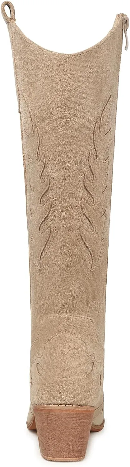 SHIBEVER Cowboy Boots for Women Knee High Suede Pointed Toe Cowgirl Boots Embroidered Pull-On Chunky Heel Western Boots
