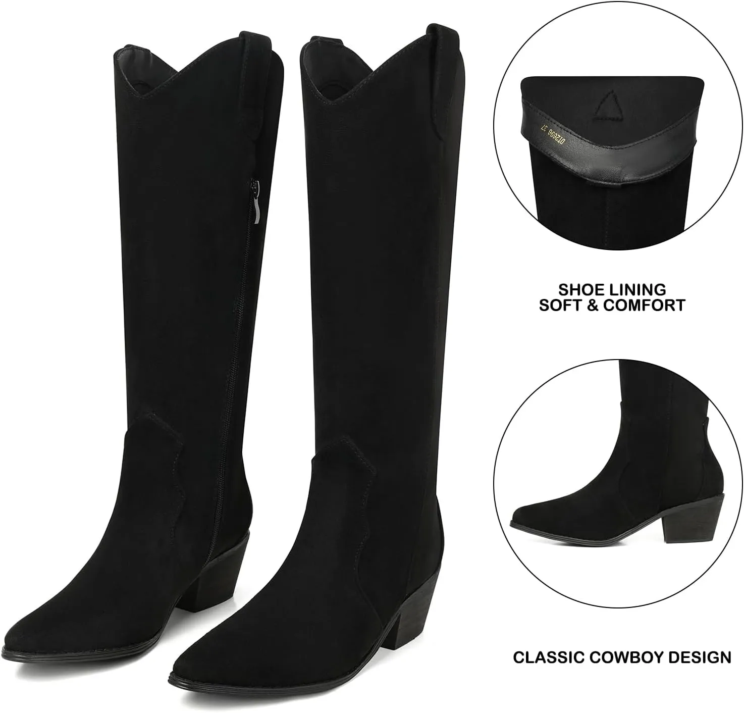 SHIBEVER Cowboy Boots for Women Knee High Suede Pointed Toe Cowgirl Boots Embroidered Pull-On Chunky Heel Western Boots