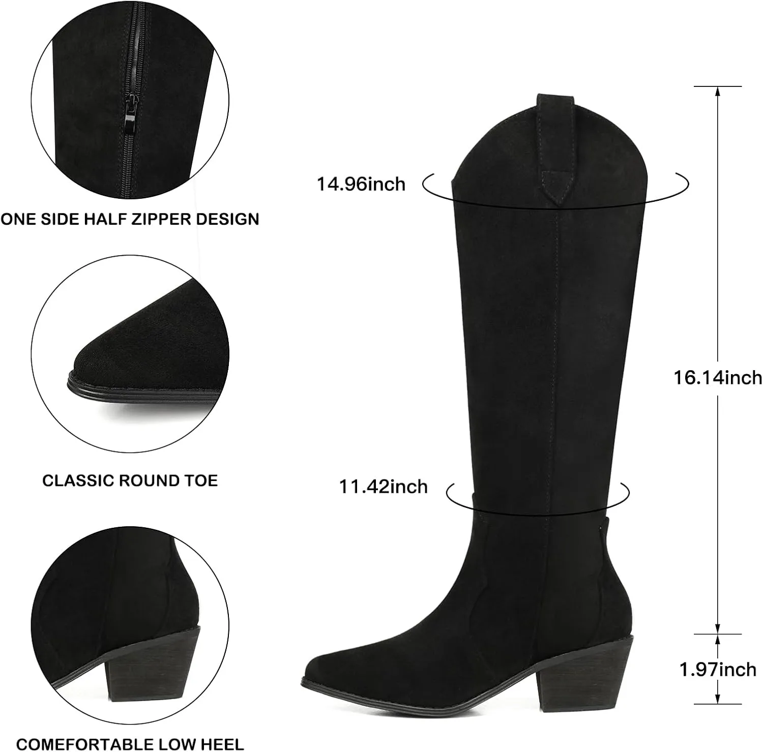 SHIBEVER Cowboy Boots for Women Knee High Suede Pointed Toe Cowgirl Boots Embroidered Pull-On Chunky Heel Western Boots