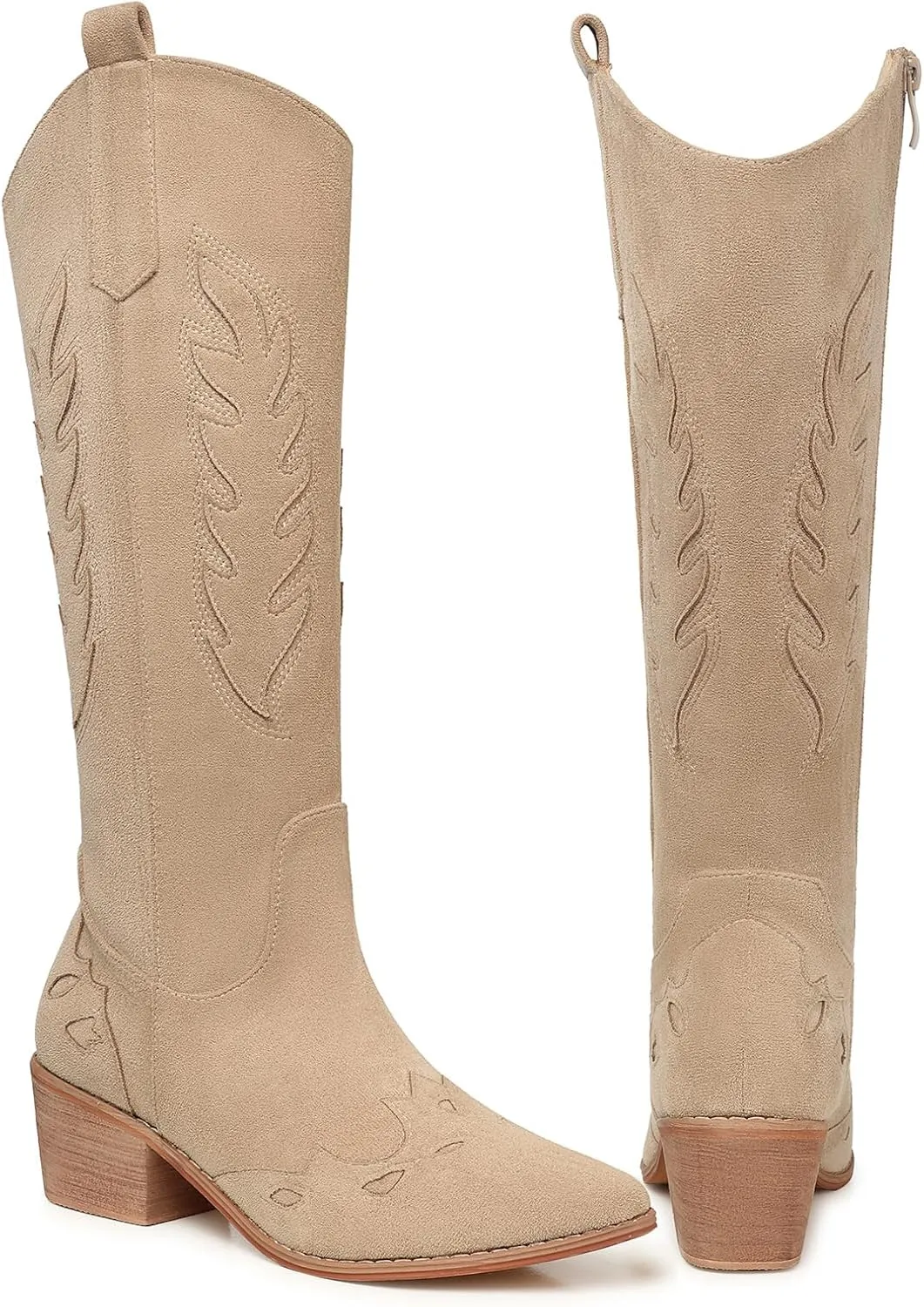 SHIBEVER Cowboy Boots for Women Knee High Suede Pointed Toe Cowgirl Boots Embroidered Pull-On Chunky Heel Western Boots
