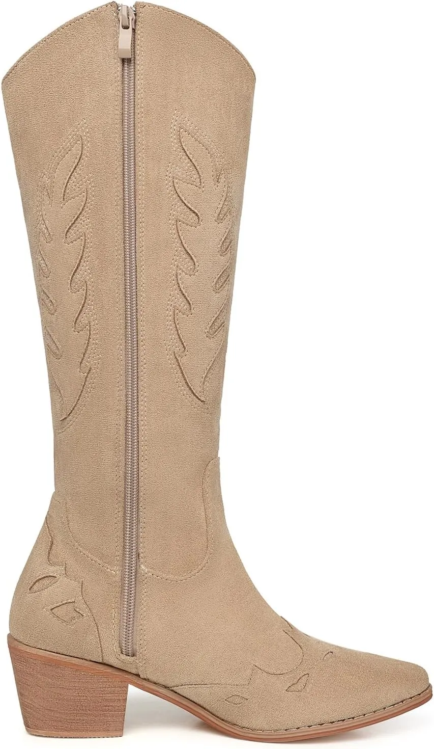 SHIBEVER Cowboy Boots for Women Knee High Suede Pointed Toe Cowgirl Boots Embroidered Pull-On Chunky Heel Western Boots