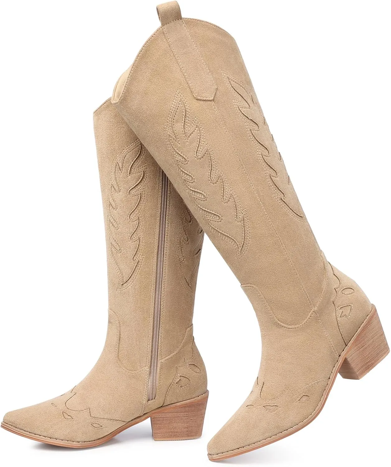 SHIBEVER Cowboy Boots for Women Knee High Suede Pointed Toe Cowgirl Boots Embroidered Pull-On Chunky Heel Western Boots