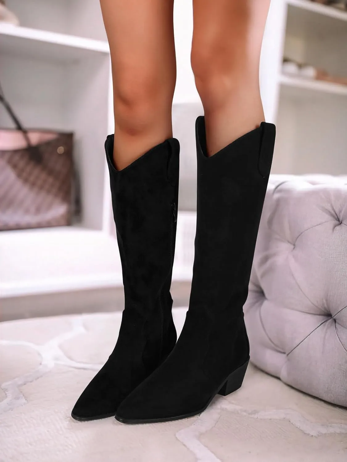 SHIBEVER Cowboy Boots for Women Knee High Suede Pointed Toe Cowgirl Boots Embroidered Pull-On Chunky Heel Western Boots