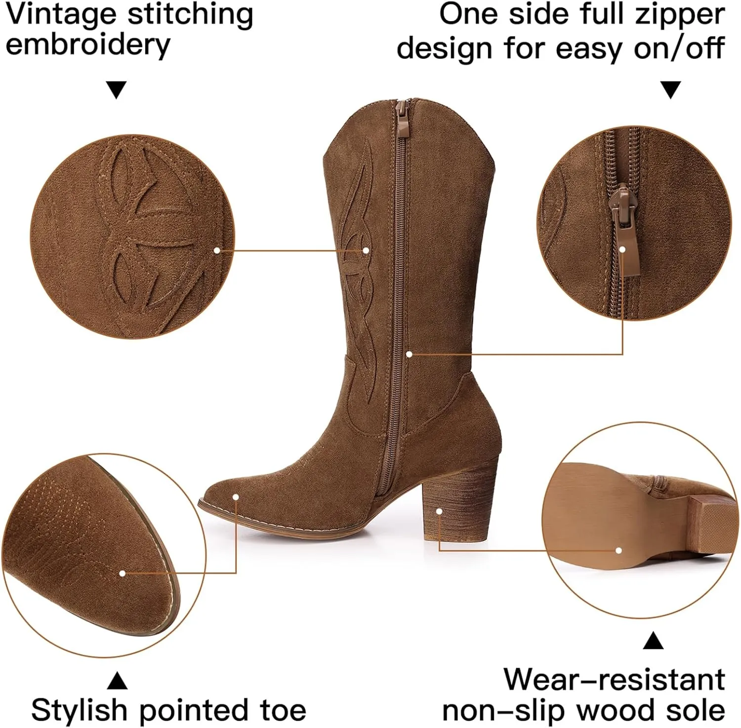 SHIBEVER Cowboy Boots for Women Mid: Black Wide Calf Cowgirl Boots Western Embroidered Country High Heel Round Toe Booties Size