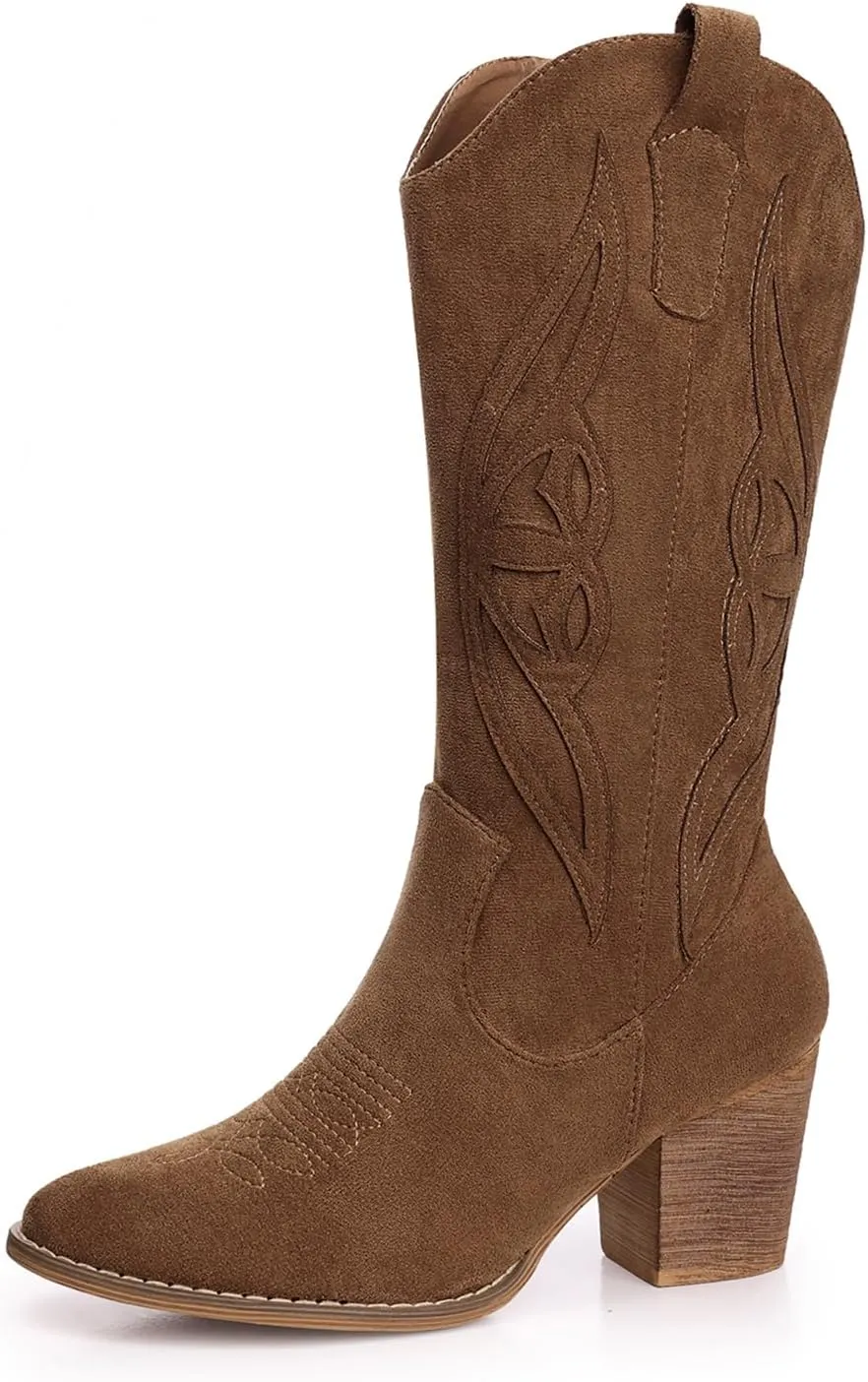 SHIBEVER Cowboy Boots for Women Mid: Black Wide Calf Cowgirl Boots Western Embroidered Country High Heel Round Toe Booties Size
