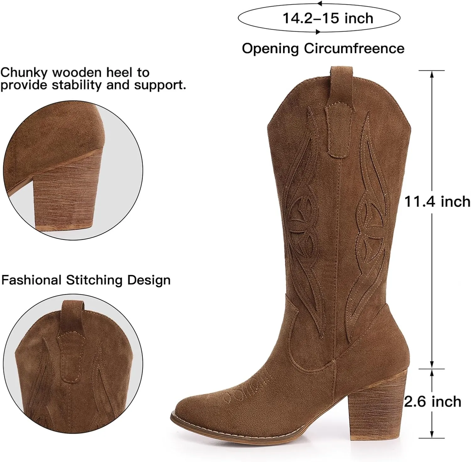 SHIBEVER Cowboy Boots for Women Mid: Black Wide Calf Cowgirl Boots Western Embroidered Country High Heel Round Toe Booties Size