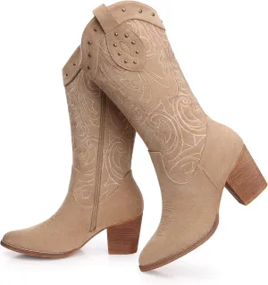 SHIBEVER Cowboy Cowgirl Boots for Women: Wide Calf Western Pointed Toe Chunky Heel Suede Embroidered Mid Calf Boot