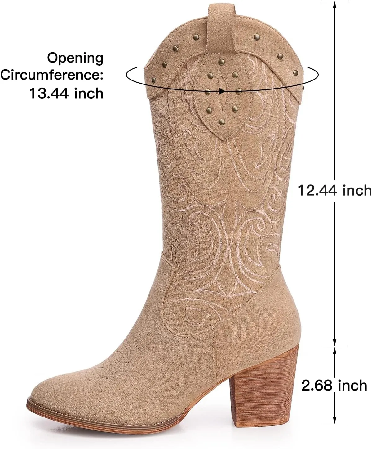 SHIBEVER Cowboy Cowgirl Boots for Women: Wide Calf Western Pointed Toe Chunky Heel Suede Embroidered Mid Calf Boot
