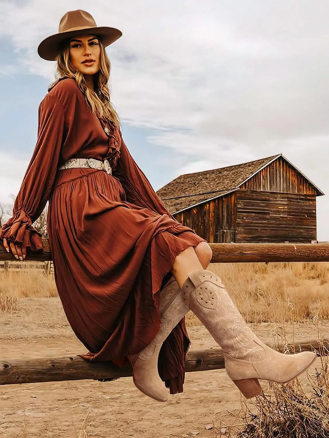 SHIBEVER Cowboy Cowgirl Boots for Women: Wide Calf Western Pointed Toe Chunky Heel Suede Embroidered Mid Calf Boot