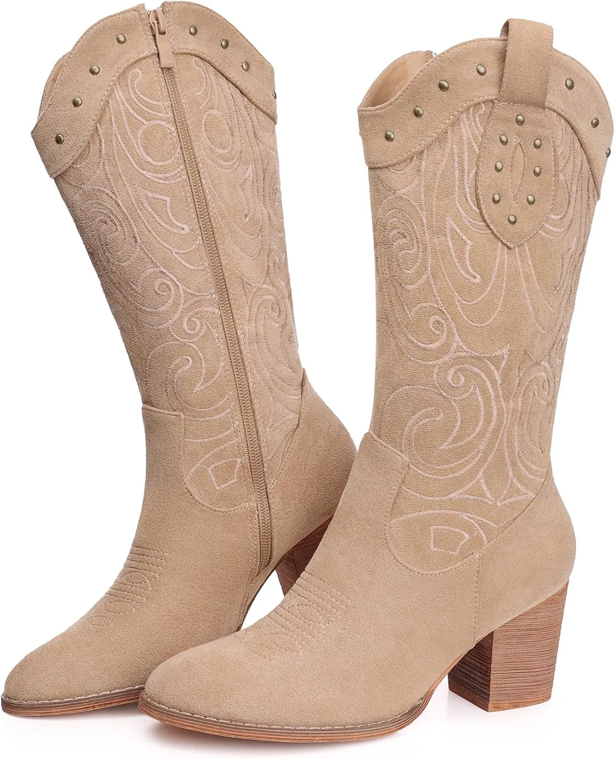 SHIBEVER Cowboy Cowgirl Boots for Women: Wide Calf Western Pointed Toe Chunky Heel Suede Embroidered Mid Calf Boot