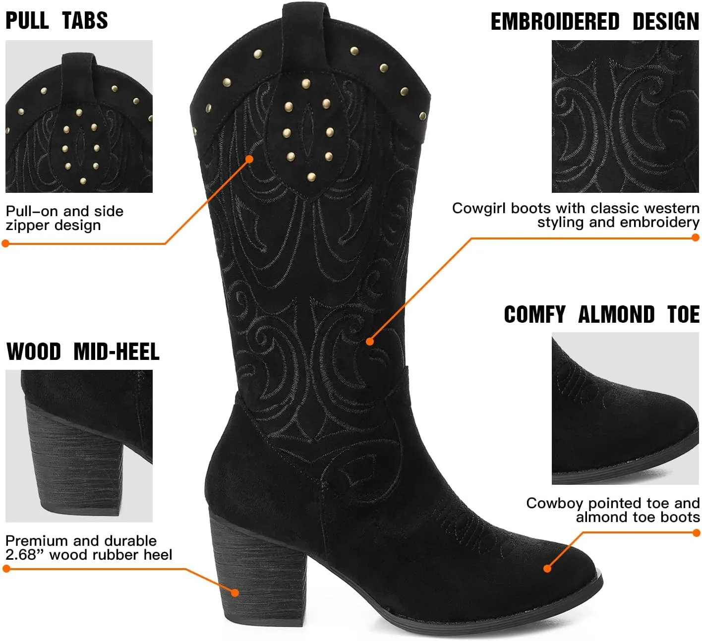 SHIBEVER Cowboy Cowgirl Boots for Women: Wide Calf Western Pointed Toe Chunky Heel Suede Embroidered Mid Calf Boot