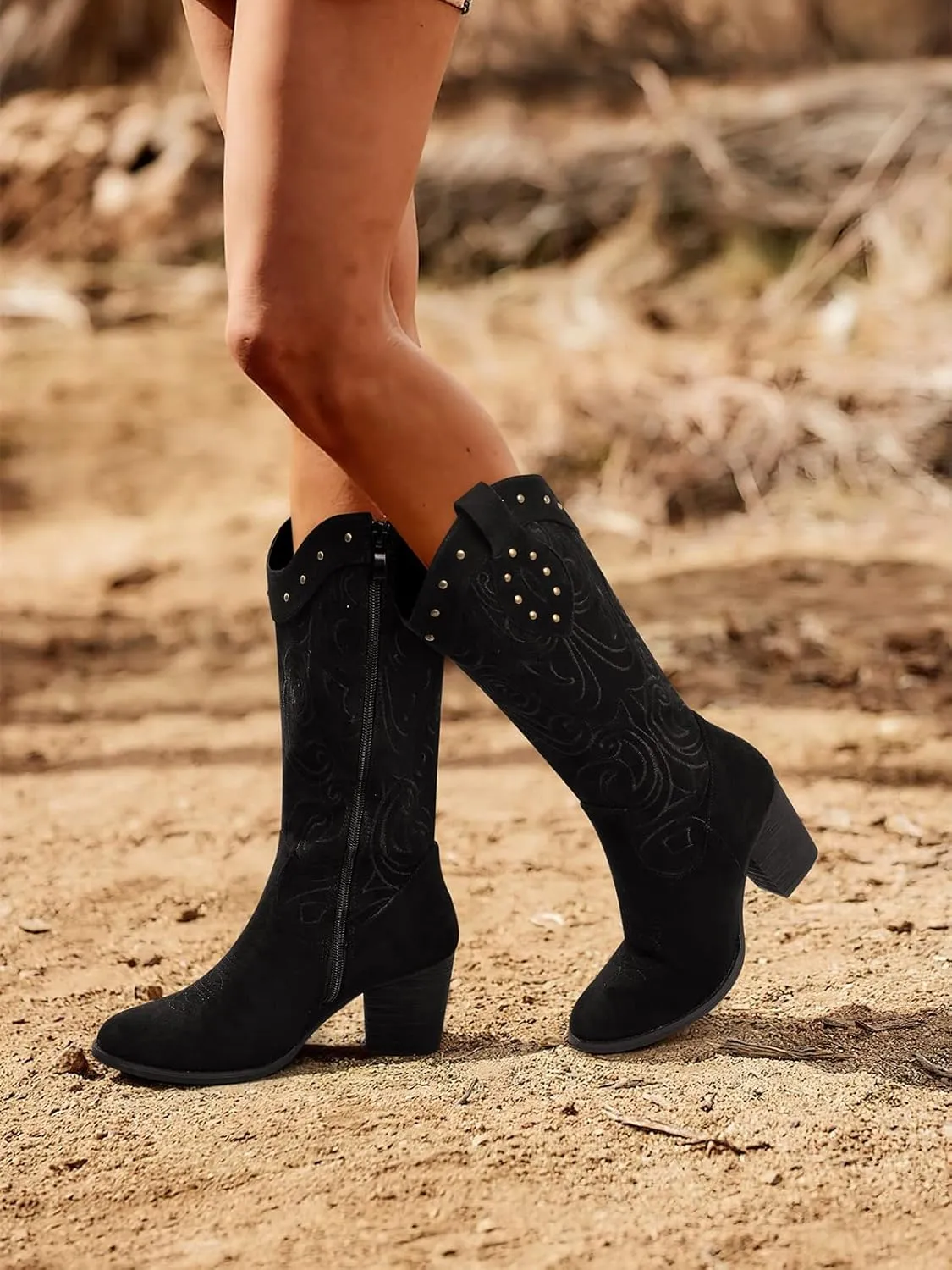 SHIBEVER Cowboy Cowgirl Boots for Women: Wide Calf Western Pointed Toe Chunky Heel Suede Embroidered Mid Calf Boot