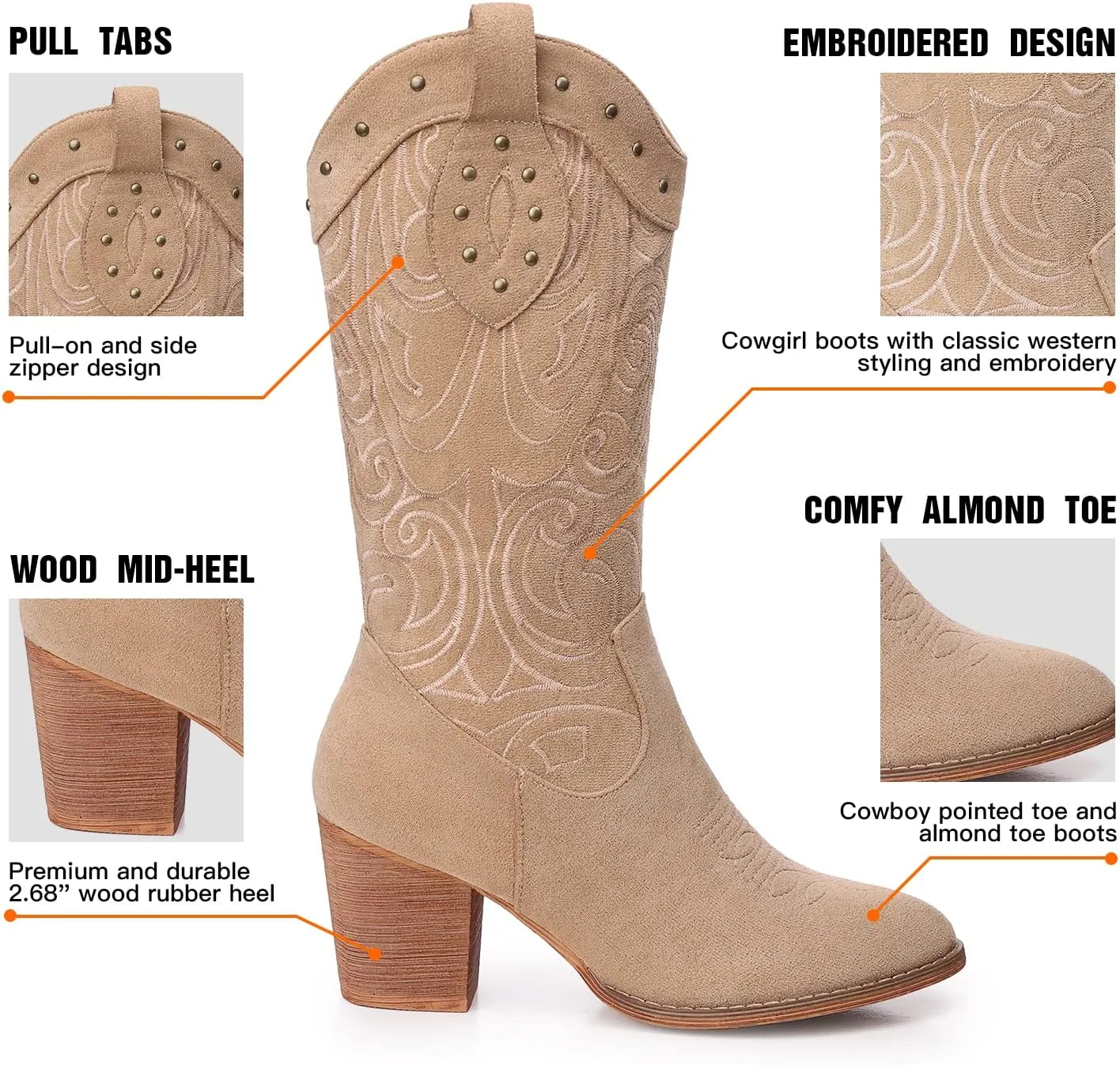 SHIBEVER Cowboy Cowgirl Boots for Women: Wide Calf Western Pointed Toe Chunky Heel Suede Embroidered Mid Calf Boot