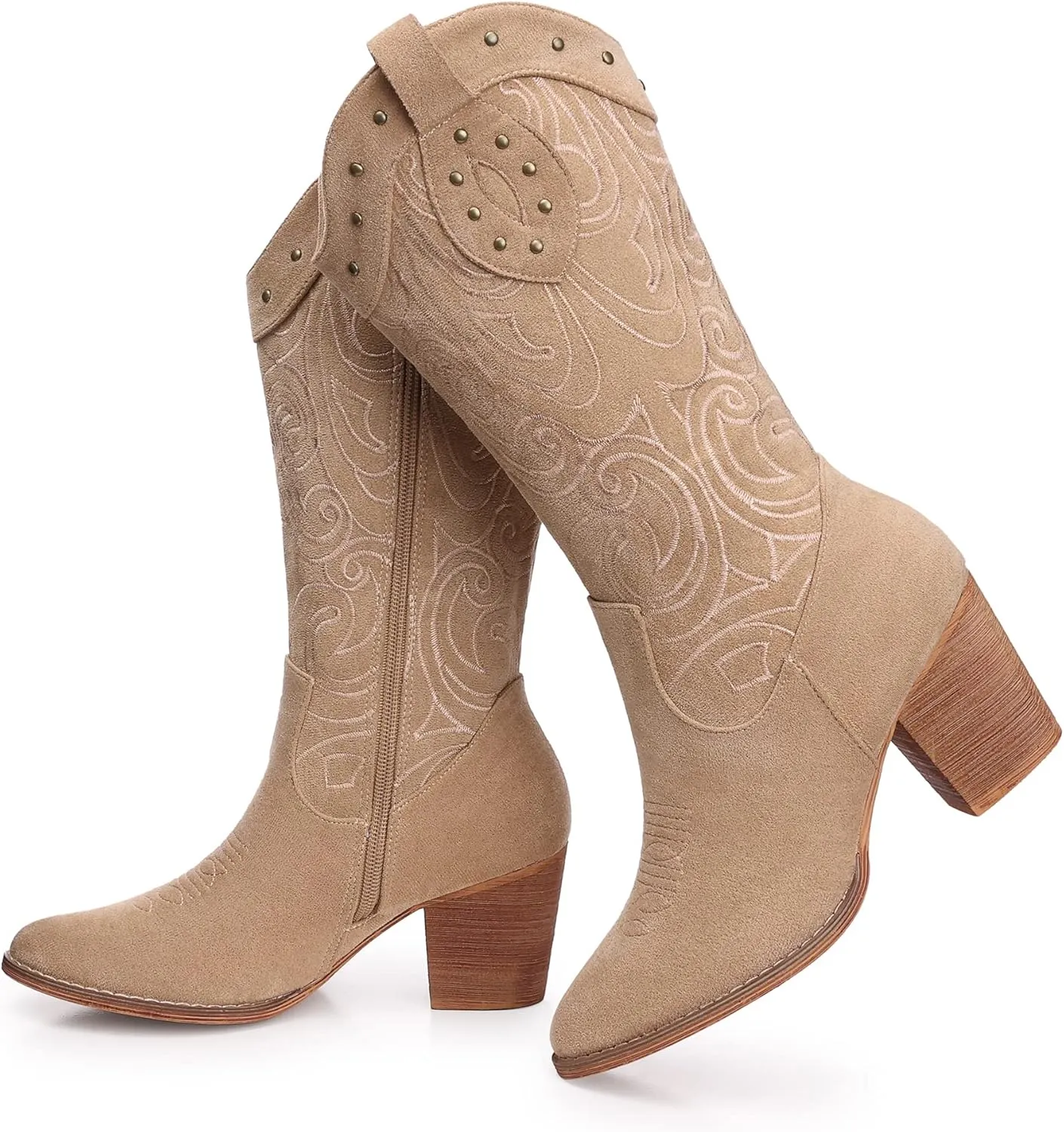 SHIBEVER Cowboy Cowgirl Boots for Women: Wide Calf Western Pointed Toe Chunky Heel Suede Embroidered Mid Calf Boot