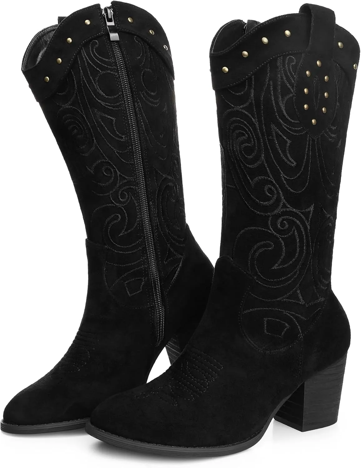 SHIBEVER Cowboy Cowgirl Boots for Women: Wide Calf Western Pointed Toe Chunky Heel Suede Embroidered Mid Calf Boot