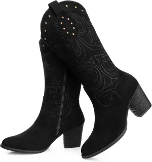 SHIBEVER Cowboy Cowgirl Boots for Women: Wide Calf Western Pointed Toe Chunky Heel Suede Embroidered Mid Calf Boot