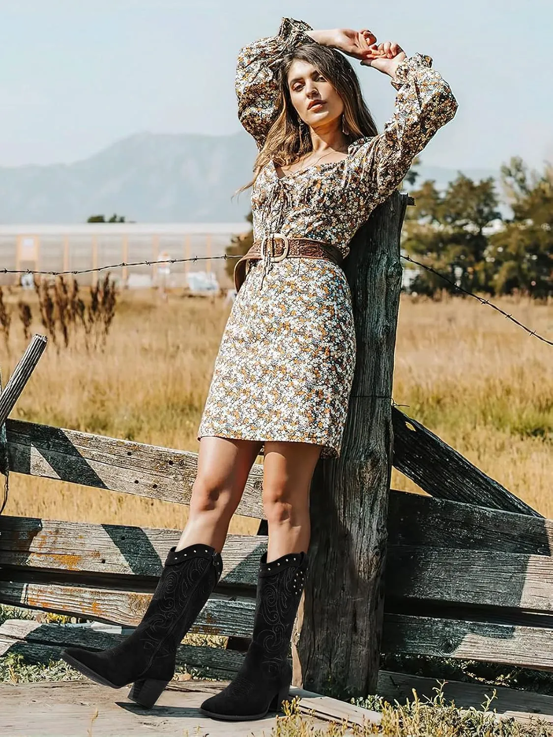 SHIBEVER Cowboy Cowgirl Boots for Women: Wide Calf Western Pointed Toe Chunky Heel Suede Embroidered Mid Calf Boot