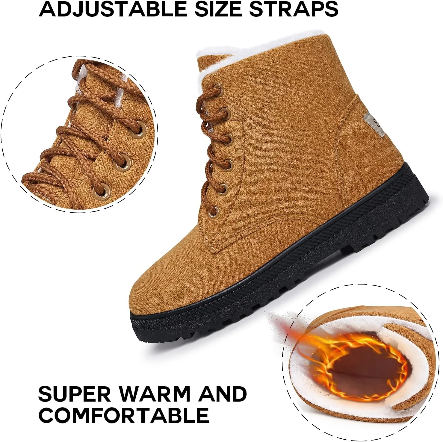 SHIBEVER Winter Snow Boots for Women: Warm Fur Lined Ankle Boots Comfortable Suede Lace Up Booties Cute Flat Shoes