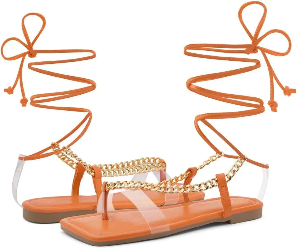 Shoe Land Flashh Women's Flat Strappy Lace Up Sandal Open Toe Comfortable Dressy Gladiator Sandals Tie up Ankle Strap Shoes for Summer
