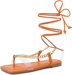 Shoe Land Flashh Women's Flat Strappy Lace Up Sandal Open Toe Comfortable Dressy Gladiator Sandals Tie up Ankle Strap Shoes for Summer