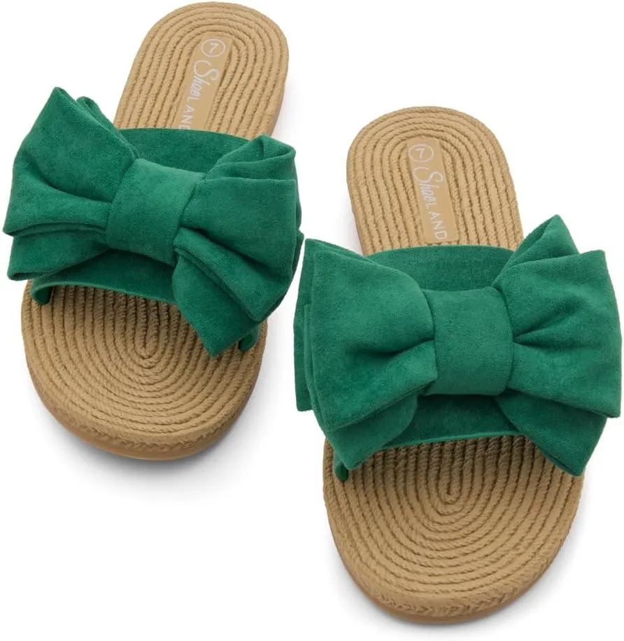 Shoe Land SL-Nylah Womens Flat Sandals Fashion Knot Bow Slides Open Toe Dressy Sandal Slip on Slippers Black Red Beige Fuchsia Green Blue Flat Sandals for Summer Beach Vacation