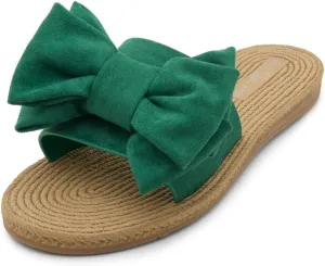 Shoe Land SL-Nylah Womens Flat Sandals Fashion Knot Bow Slides Open Toe Dressy Sandal Slip on Slippers Black Red Beige Fuchsia Green Blue Flat Sandals for Summer Beach Vacation