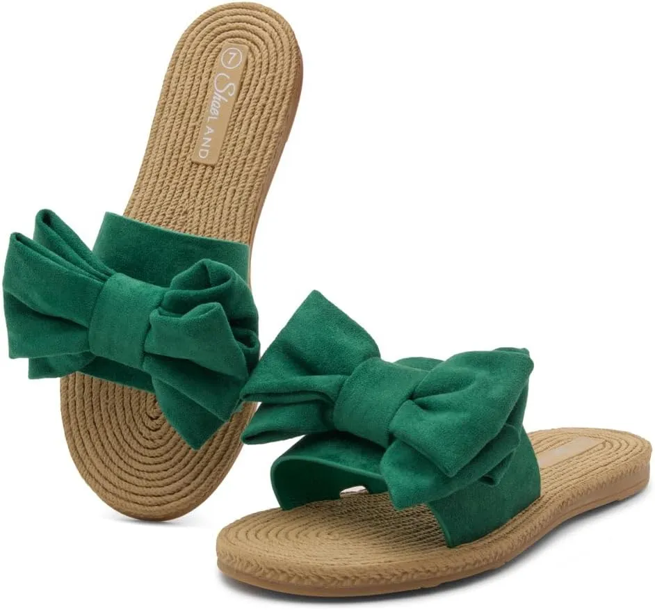 Shoe Land SL-Nylah Womens Flat Sandals Fashion Knot Bow Slides Open Toe Dressy Sandal Slip on Slippers Black Red Beige Fuchsia Green Blue Flat Sandals for Summer Beach Vacation