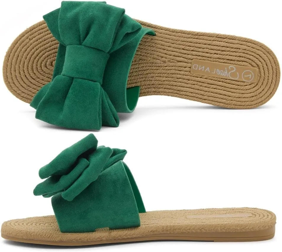 Shoe Land SL-Nylah Womens Flat Sandals Fashion Knot Bow Slides Open Toe Dressy Sandal Slip on Slippers Black Red Beige Fuchsia Green Blue Flat Sandals for Summer Beach Vacation