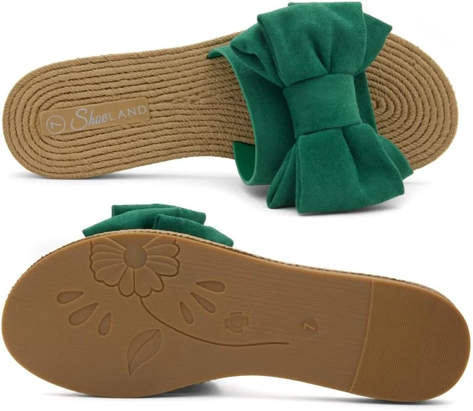 Shoe Land SL-Nylah Womens Flat Sandals Fashion Knot Bow Slides Open Toe Dressy Sandal Slip on Slippers Black Red Beige Fuchsia Green Blue Flat Sandals for Summer Beach Vacation