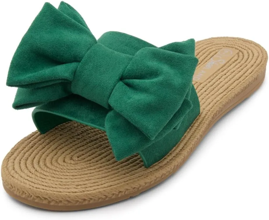 Shoe Land SL-Nylah Womens Flat Sandals Fashion Knot Bow Slides Open Toe Dressy Sandal Slip on Slippers Black Red Beige Fuchsia Green Blue Flat Sandals for Summer Beach Vacation