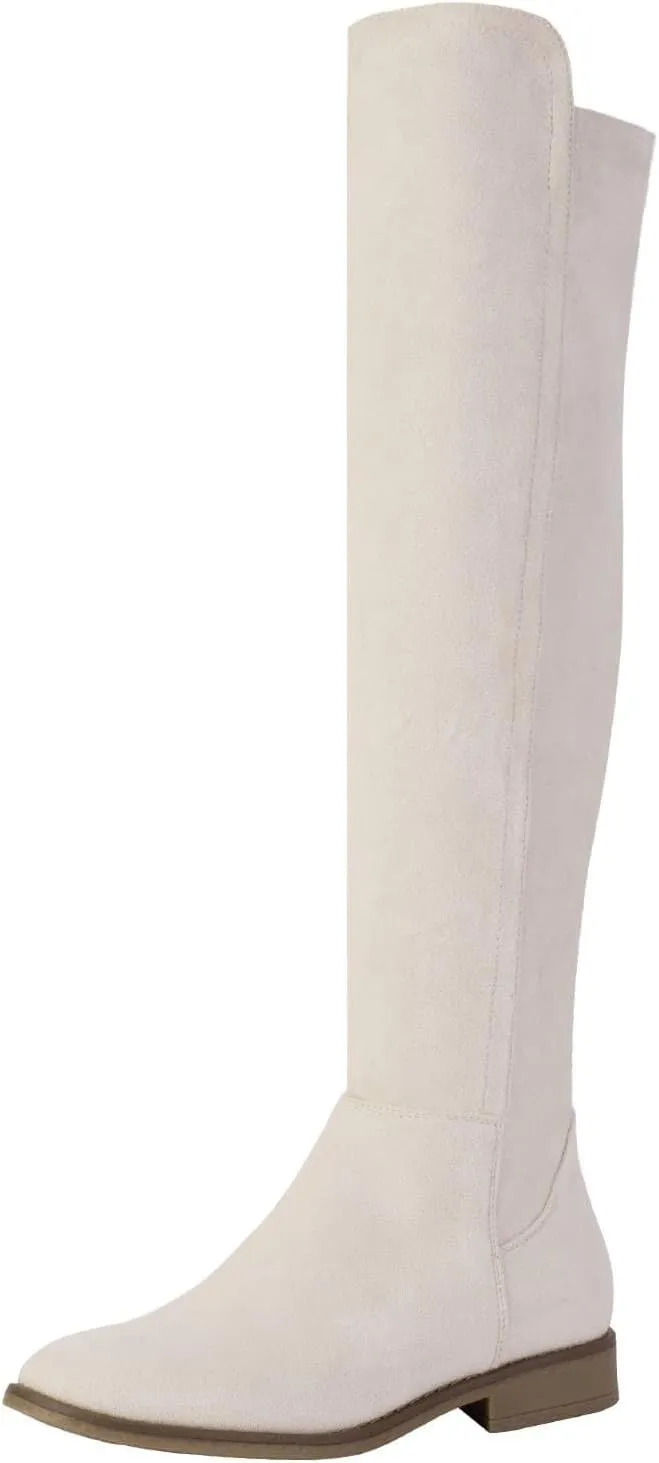 Shoe'N Tale Thigh High Over The Knee Boots for Women Flat Low Heel Fall Winter Stretch Suede Long Round Toe Boots
