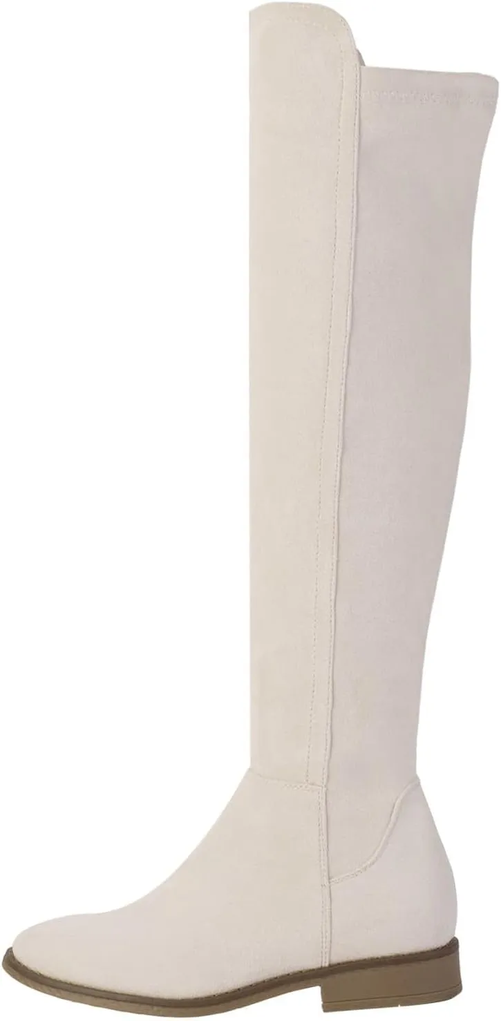 Shoe'N Tale Thigh High Over The Knee Boots for Women Flat Low Heel Fall Winter Stretch Suede Long Round Toe Boots