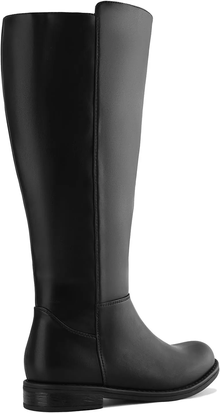 Shoe'N Tale Wide Calf Knee High Boots for Women Flat Low Heel Width Stretchy Round Toe with Side Zipper Fall and Winter Fashion Comfortable