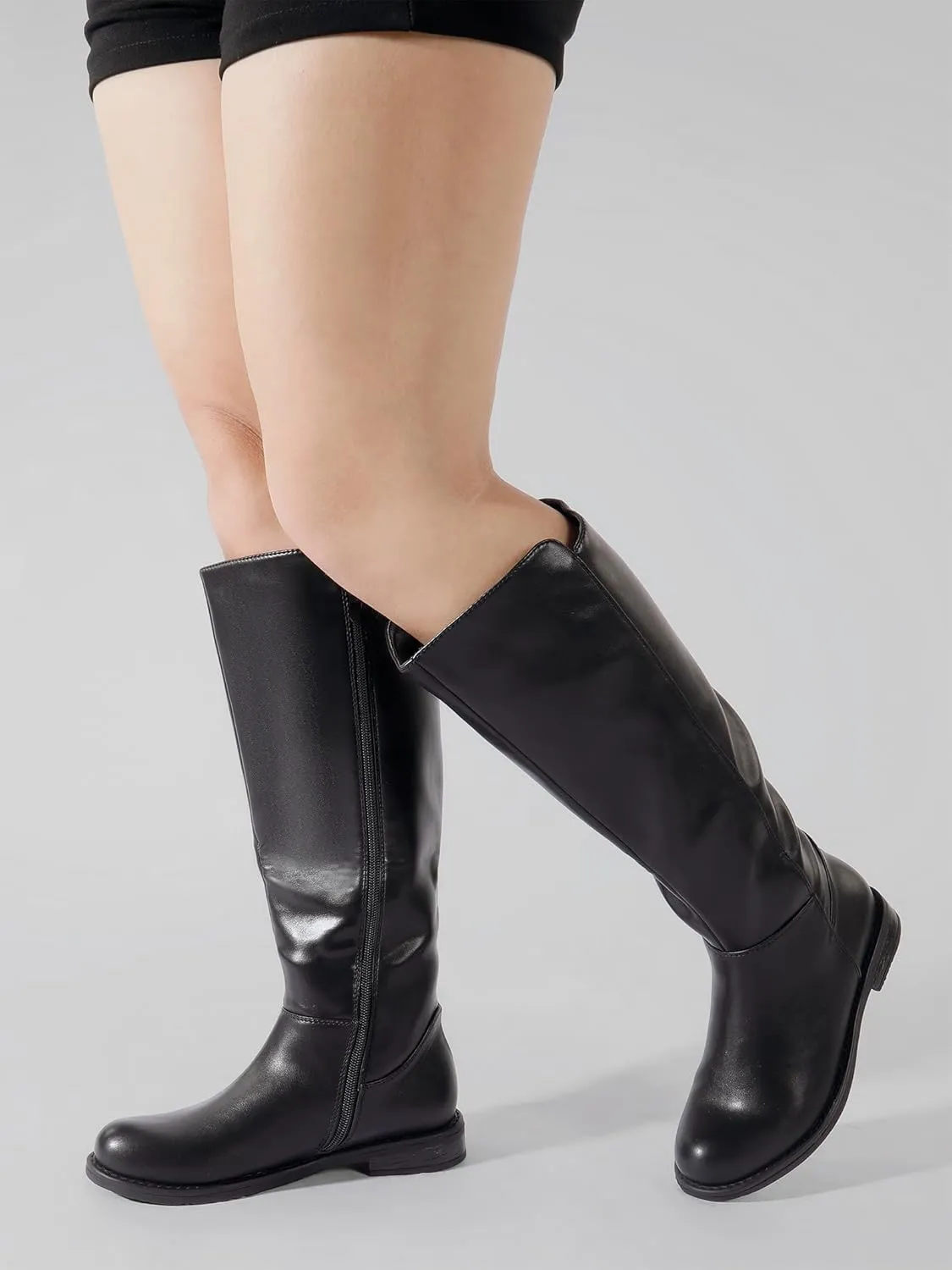 Shoe'N Tale Wide Calf Knee High Boots for Women Flat Low Heel Width Stretchy Round Toe with Side Zipper Fall and Winter Fashion Comfortable