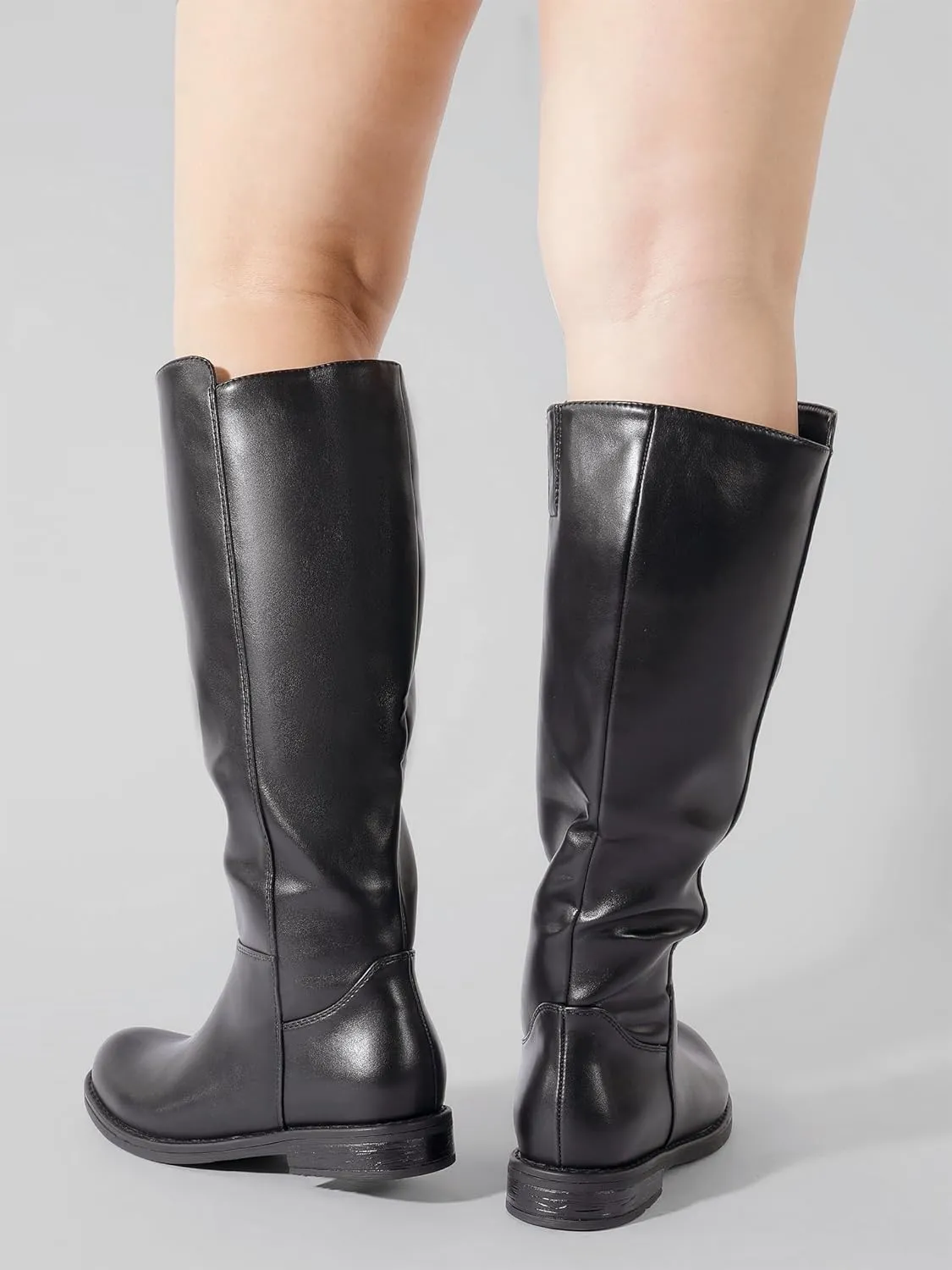 Shoe'N Tale Wide Calf Knee High Boots for Women Flat Low Heel Width Stretchy Round Toe with Side Zipper Fall and Winter Fashion Comfortable