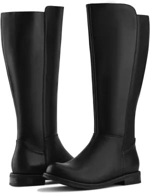 Shoe'N Tale Wide Calf Knee High Boots for Women Flat Low Heel Width Stretchy Round Toe with Side Zipper Fall and Winter Fashion Comfortable