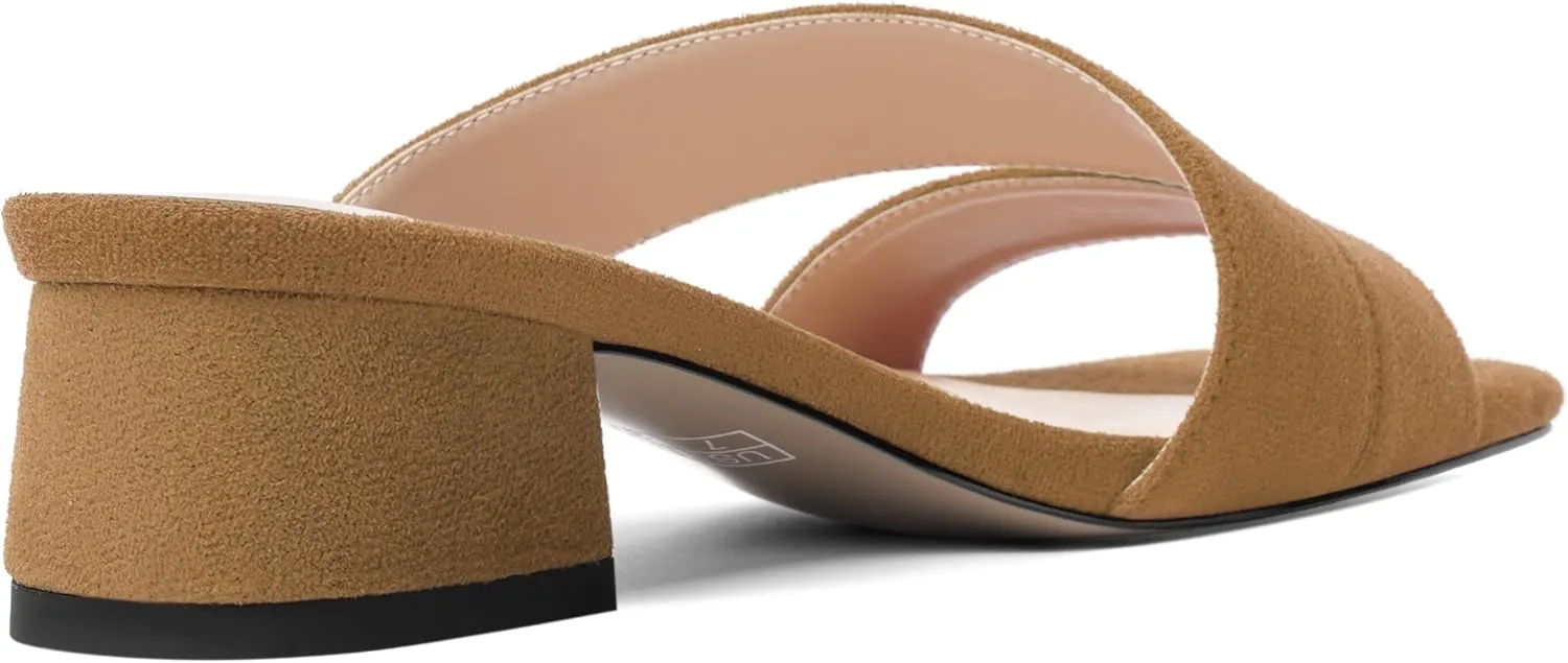 SHOWFOREST Womens Home Square Toe Solid Fashion Slip On Suede Chunky Low Heel Sandals 1.5 Inch