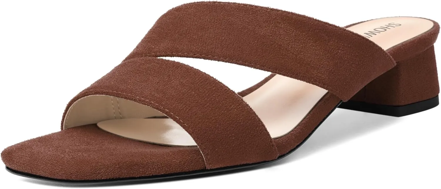 SHOWFOREST Womens Home Square Toe Solid Fashion Slip On Suede Chunky Low Heel Sandals 1.5 Inch