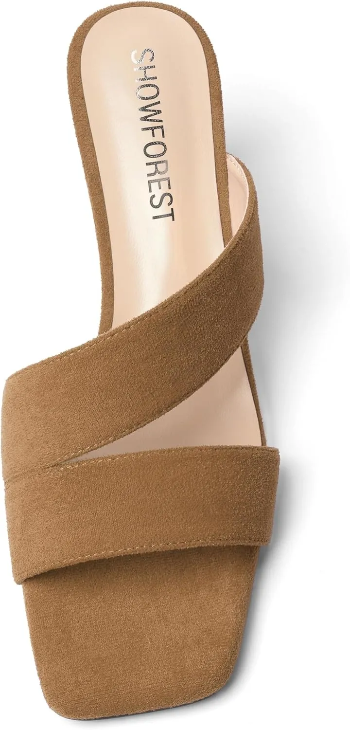 SHOWFOREST Womens Home Square Toe Solid Fashion Slip On Suede Chunky Low Heel Sandals 1.5 Inch