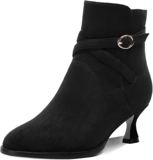 SHOWFOREST Womens Solid Cold Weather Dating Buckle Suede Ankle Strap Round Toe Kitten Low Heel Ankle High Boots 2 Inch