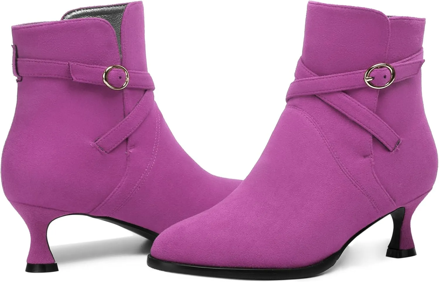 SHOWFOREST Womens Solid Cold Weather Dating Buckle Suede Ankle Strap Round Toe Kitten Low Heel Ankle High Boots 2 Inch