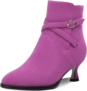SHOWFOREST Womens Solid Cold Weather Dating Buckle Suede Ankle Strap Round Toe Kitten Low Heel Ankle High Boots 2 Inch