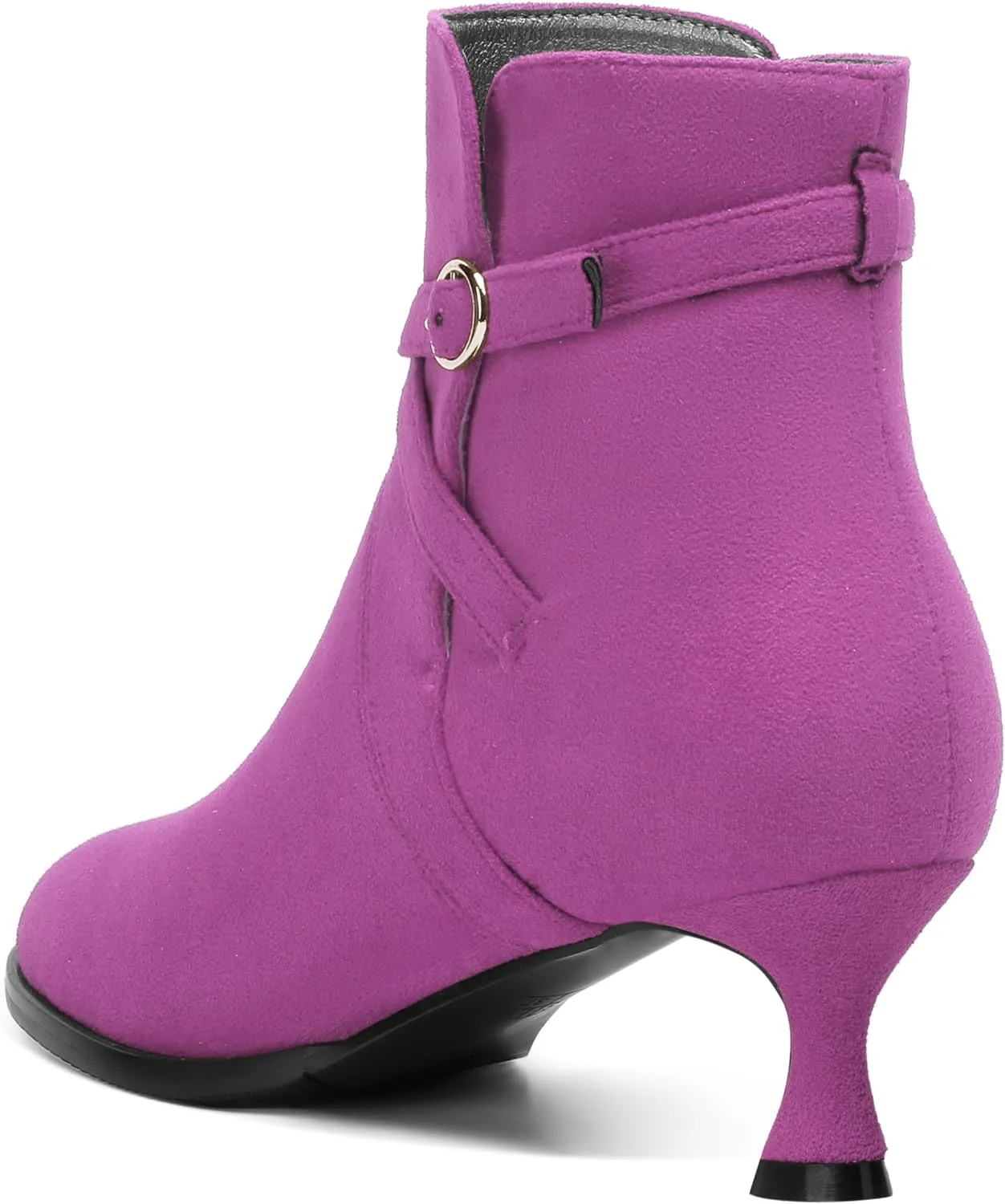 SHOWFOREST Womens Solid Cold Weather Dating Buckle Suede Ankle Strap Round Toe Kitten Low Heel Ankle High Boots 2 Inch