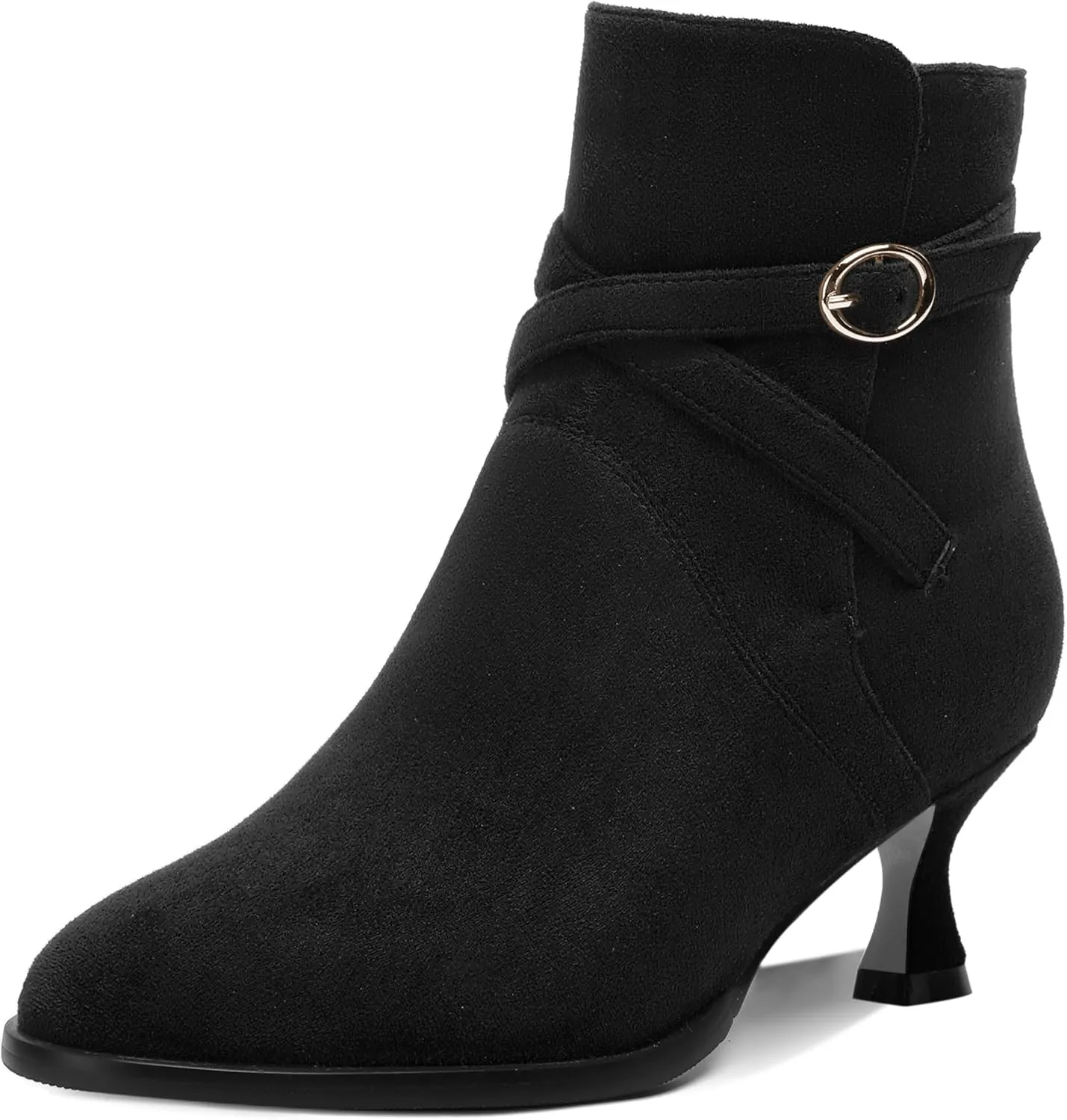 SHOWFOREST Womens Solid Cold Weather Dating Buckle Suede Ankle Strap Round Toe Kitten Low Heel Ankle High Boots 2 Inch